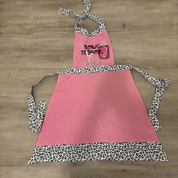 Pink Apron "Born to Shop Forced to Cook" Funny Novelty Kitchen Chef Gift VTG - Picture 1 of 9